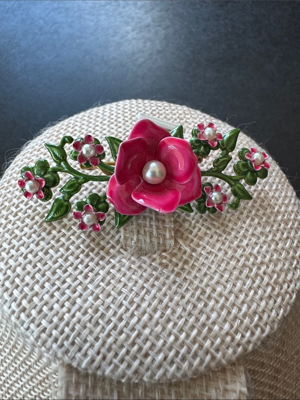 VTG Pink Enamel Flower Brooch Faux Pearls Green Leaves Mid Century Flower Power